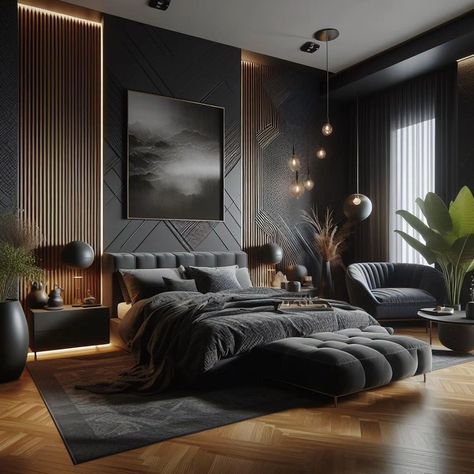 Grey Luxury Bedroom Ideas, Grayscale Bedroom Ideas, Super Modern Bedroom, Cool Modern Bedrooms, Modern Viking Bedroom, Luxe Master Bedrooms Decor, Luxury Men Bedroom, Feature Wall Master Bed, Modern Luxury Bedroom Dark