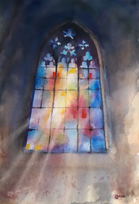 Watercolour Stained Glass Window, Prague Watercolor Paintings, Paintings Of Stained Glass Windows, Dramatic Watercolor Paintings, Creative Abstract Art, Stained Glass Sketch, Watercolor Stained Glass Effect, Stained Glass Watercolor Painting, Watercolor Stained Glass Painting