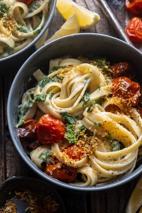 Pasta Dishes Vegetarian, Wandering Chickpea, Garlic Fettuccine, Breadcrumbs Recipe, Fettuccine Recipes, Recipe Pasta, Roasted Cherry Tomatoes, Recipe Inspiration, Pasta Recipe