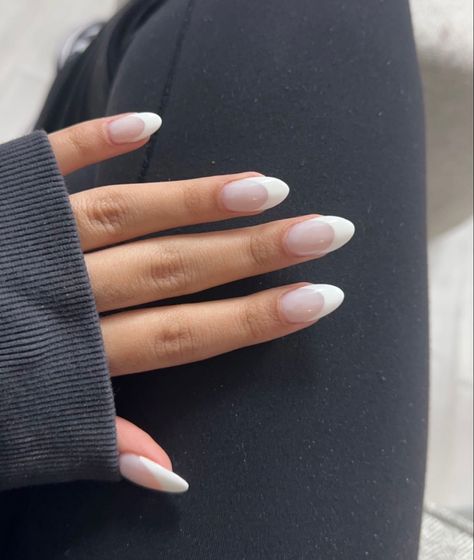 90s French Nails, Thick White French Tip Nails Almond, White Base French Nails, Milky White French Tip Nails Almond, Thick French Nails, Soft White French Tip Nails Almond, Medium Almond Nails Milky White, Thick White French Tip Nails, Thick French Tip Nails