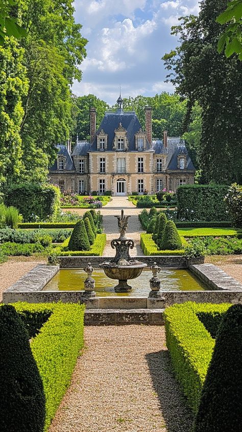 Download 'Elegant Historical Estate' - Lush greenery surrounds an ornate fountain leading up to a beautiful historical estate with manicured gardens. - Get this free stock photo and more high-quality images on StockCake. No attribution required. Chateau Landscaping, Estate Garden Design, New England Estate, Manor House Exterior, Estate Landscape Design, Estate Fountain, French Chateau Garden, English House Design, Estate Aesthetic