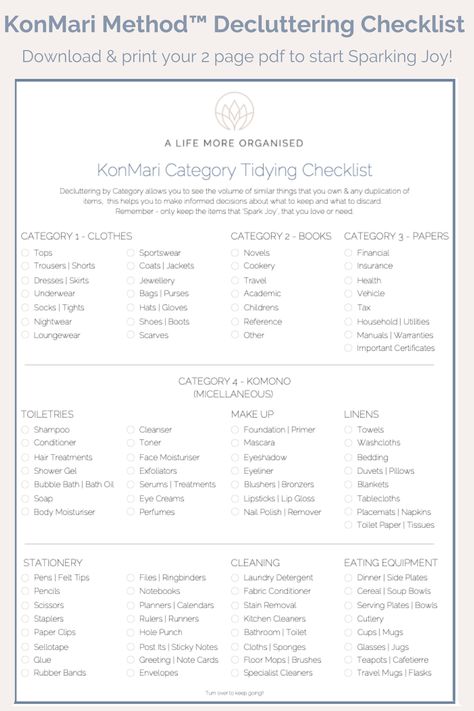 KonMari Checklist declutter your home the Marie Kondo way Konmari Decluttering Checklist, Mary Kondo Organizing, Home Organization Categories, Marie Kondo Checklist, Marie Kondo Organizing Clothes, Uni Packing List, Organizing Categories, Kon Marie, Konmari Checklist