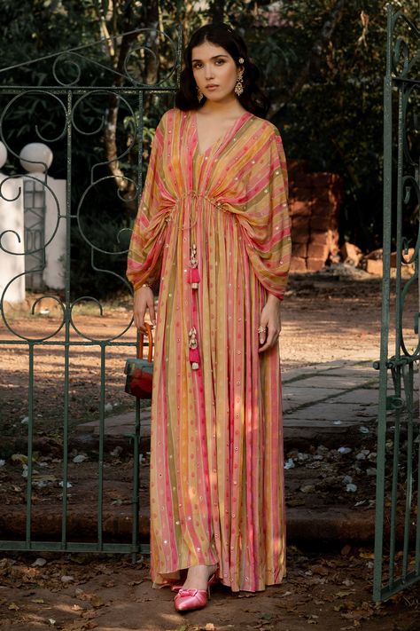 Buy Paulmi and Harsh Multi Color Crepe Vintage Striped Pattern Kaftan Online | Aza Fashions Kimonos, Couture, Resham Work Embroidery, Chifon Dress, Paulmi And Harsh, Kaftan Set, Kaftan Pattern, Kaftan Designs, Resham Work