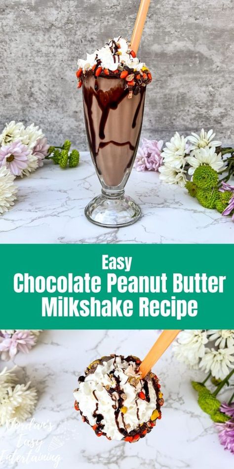 This delicious homemade chocolate peanut butter milkshake recipe is the perfect frozen dessert summer treat! Chocolate Peanut Butter Milkshake Recipe, Peanut Butter Milkshake Recipe, Homemade Chocolate Peanut Butter, Peanut Butter Milkshake, Easy Homemade Ice Cream, Float Recipes, Dessert Summer, Quick Dessert Recipes, Milkshake Recipe