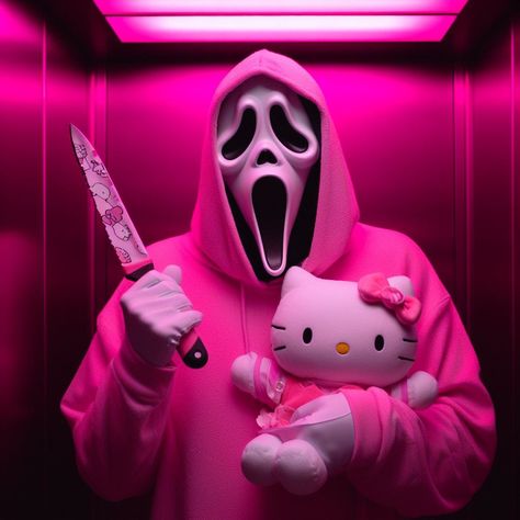 Ghost Face And Hello Kitty, Hot Ghost Face Wallpaper, Hello Kitty X Ghostface, Halloween Pfp Girl, Ghost Face Hello Kitty, Scream Hello Kitty, Scary Pfps, Ghost Face Cute, Horror Movie Pfp