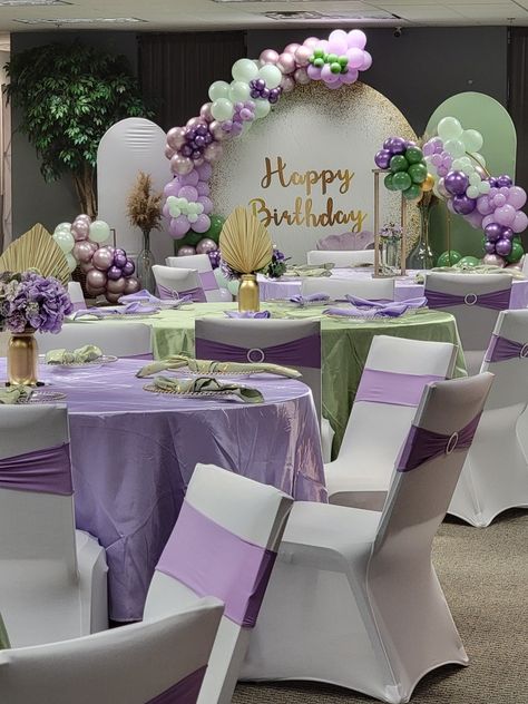 Purple And Gold Debut Theme, Purple Green And Gold Birthday Party, Quinceanera Themes Purple And Gold, Lilac And Green Birthday Party Ideas, Rapunzel Birthday Party Sweet 16, Purple And Green Reception Decor, White And Purple Sweet 16, Lavender And Sage Party Decor, Sage And Lilac Quince