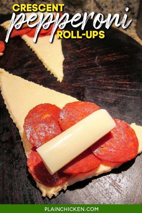 Crescent Pepperoni Roll-Ups - only 3 ingredients! Great for an after school snack or fun twist to pizza night! Crescent rolls, pepperoni, and string cheese. Serve with a side of hot pizza sauce. SO quick and easy. Everyone gobbles these up! #pizza #pepperoni #mozzarella #stringcheese #crescentrolls Easy Pizza Crescent Rolls, Pizza Roll Ups With Crescent Rolls, Pepperoni Pizza Crescent Roll Ups, Pepperoni Pizza Rolls Crescents, Pillsbury Fill Roll Bake, Pizza Pockets With Crescent Rolls, Crescent Roll Snack Recipes, Pepperoni Crescent Roll Ups, Crescent Pizza Roll Ups