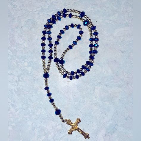 Beautiful Gold Plated And Navy Blue Rosary Bead. 20 Inches In Length Total. Brand New! Blue Rosary, Navy Blue And Gold, Writing Stuff, Rosary Beads, Blue And Gold, Blue Beads, Quince, Blue Ocean, Rosary