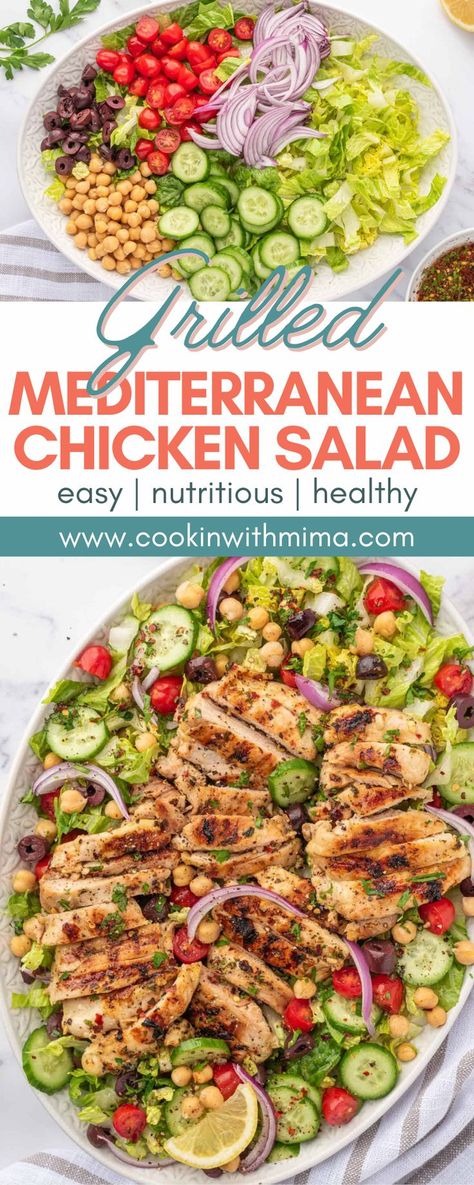 This Grilled Mediterranean Chicken Salad has so much flavor and I guarantee you will enjoy every crisp and delicious bite. The marinade features ingredients like lemon juice, red wine vinegar, and honey, and it also doubles as our salad dressing. Making this tasty recipe will give life to your everyday lunches! Mediterrean Chicken Salad, Mediterranean Grilled Chicken Salad, Mediterranean Salad With Chicken, Mediterranean Chicken Salad Recipes, Grilled Chicken Salads, Mediterranean Chicken Marinade, Grilled Mediterranean Chicken, Italian Chicken Salad, Mediterranean Salad Dressing