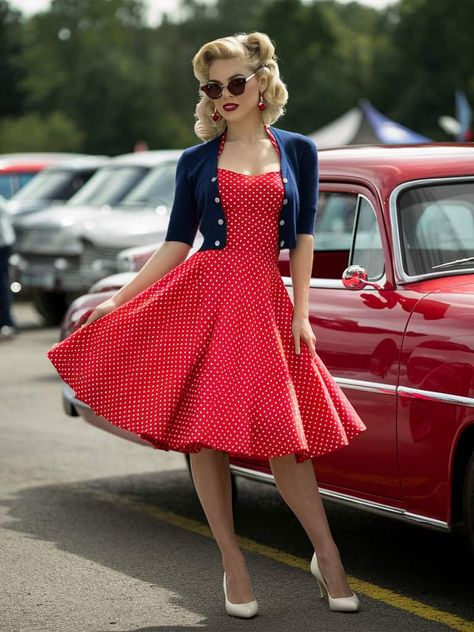 Red, White, and Totally Cute: 15 Fierce 4th of July Outfit Ideas for Women 8 50s Outfit Inspiration, 50s Theme Outfit Women, White And Red Dress Outfit, 1960s Outfits Aesthetic, 50s Style Women, Retro Red Outfit, 50s Diner Outfit, 50s Fashion For Women 1950s, Werewolf Wedding