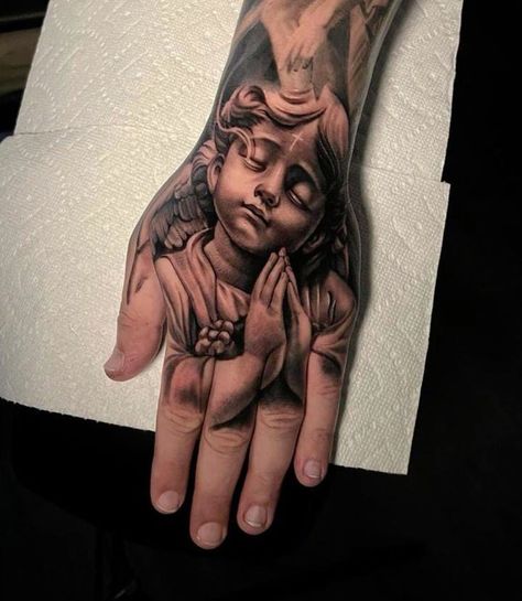 Heaven Sleeve Tattoo, Flowers Hand Tattoo, Angel Hand Tattoo, Jesus Hand Tattoo, Angel Sleeve Tattoo, Unique Hand Tattoos, Nautical Tattoo Sleeve, Praying Hands Tattoo, Biblical Tattoos