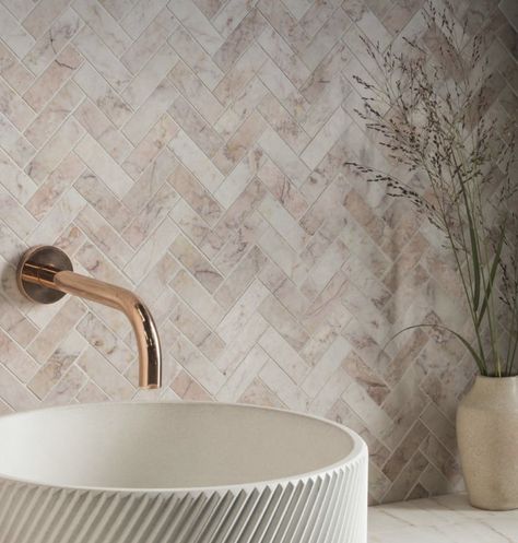 Blush Bathroom, Herringbone Tile Bathroom, Marble Herringbone Tile, Herringbone Mosaic Tile, Marble Herringbone, Honed Marble Tiles, Mandarin Stone, Tiles Floor, Honed Marble