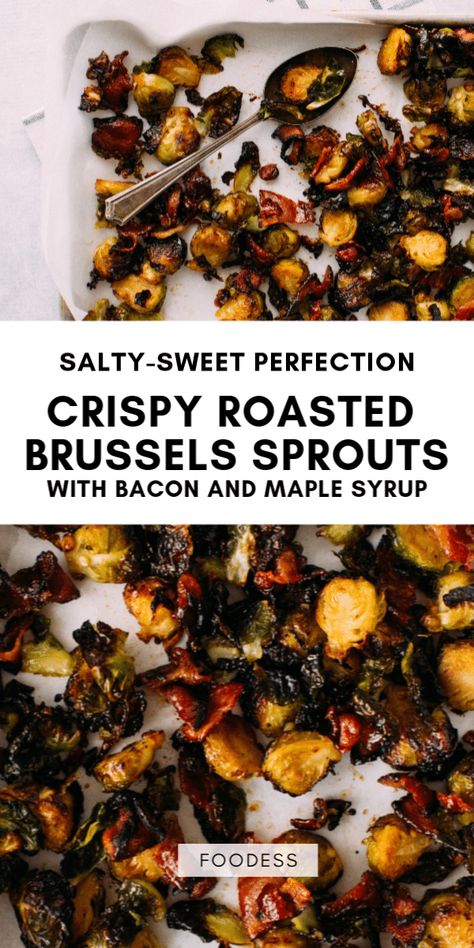 This Crispy oven roasted Brussels sprouts with bacon + maple syrup is the perfect side dish for weeknight meals or even holiday dinner parties. The Brussels sprouts are roasted to perfection, and the bacon and maple syrup adds the perfect amount of sweetness and savory flavor. The best part is that it's full of flavor and will please even the picky eaters. Read the recipe on my blog, and make this dish for your next holiday gathering - be it Thanksgiving, Christmas, Easter or any. Maple Brussel Sprouts, Bacon Maple Syrup, Maple Bacon Brussel Sprouts, Oven Roasted Brussels Sprouts, Roasted Brussels Sprouts With Bacon, Baked Brussel Sprouts, Cooking Brussel Sprouts, Crispy Brussel Sprouts, Veggie Side Dish Recipes