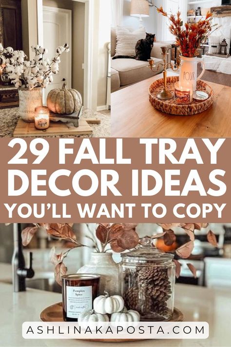 29 Fall Tray Decor Ideas That Will Make Your Home Instagram Worthy — ASHLINA KAPOSTA Fall Farmhouse Coffee Table Decor, Autumn Countertop Decor, Decorating A Buffet For Fall, Fall Decor For Kitchen Table, Round Coffee Table Fall Decor Ideas, Fall Ottoman Tray Decor, Fall Tray Decorating Ideas Coffee Table, Fall Shelf Decor Ideas Kitchen, Fall Trays Ideas