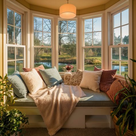 Window Reading Nook 😍😍🤩 Reading Nook With Window Seat, Couch In Window Nook, Office With Bay Window Ideas, Hexagon Window Seat, Living Room Window Nook Ideas, Bookcase Around Bay Window, Book Bay Window, Seat In Window, Window Nook Bed