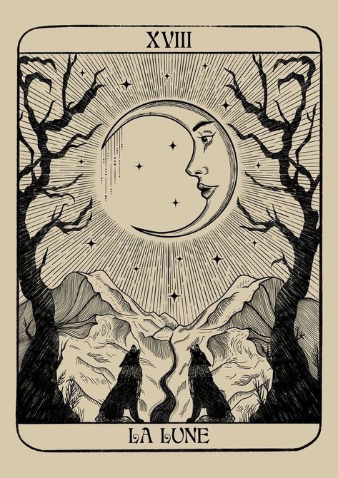 The Moon Tarot Illustrations, The Moon Tarot Painting, The Moon Tarot Design, The Moon Tarot Drawing, The Moon Tarot Tattoo Design, Tarot Tattoo Moon, The Moon Tarot Card Drawing, Sun Moon Tarot Card Tattoo, Get You The Moon