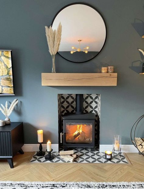 Fireplace Transformation, Fireplace Hearth Tiles, Log Burner Living Room, Hearth Tiles, Cottage Extension, Cosy Living, Lounge Ideas, Living Room Decor Fireplace, Cosy Living Room