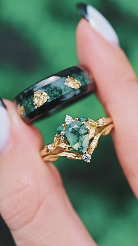 Moss Agate & Gold Leaf Couples Ring – Aquamarise Him And Her Rings, Couple Promise Rings Matching Set, Moss Agate Couple Rings, Emerald Green Wedding Ring Set, Natural Moss Agate Engagement Ring, Unique Green Wedding Rings, Wedding Ring And Engagement Ring Set, Forest Engagement Ring, Untraditional Wedding Rings