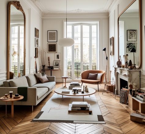 Modern Paris Apartment Interior Design, Europe Style Interior Design, Modern Classic Parisian Interior, Paris Style Living Room, Living Room Parisian Modern, White Parisian Apartment, Paris Modern Interior, Modern Classic Apartment Interior, Modern France Interior Design