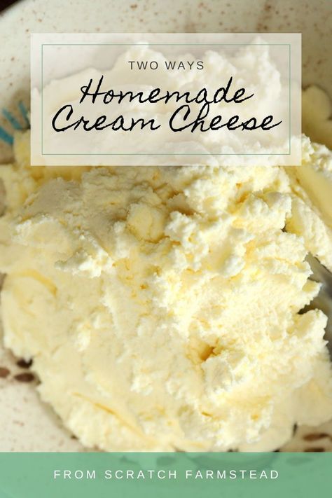 Homemade Cream Cheese 2 Ways - From Scratch Farmstead Easy Cream Cheese Recipes, Homemade Cream Cheese Recipe, Cream Cheese Homemade, Cream Cheese Spread Recipes, Cheese Recipes Homemade, Cheese Making Recipes, Goat Milk Recipes, Homemade Cream Cheese, Make Cream Cheese