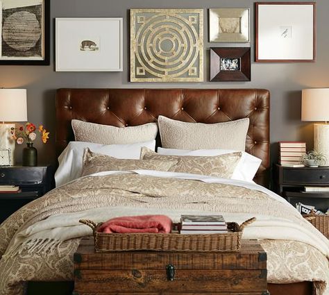 Lorraine Tufted Leather Bed & Headboard | Pottery Barn Brown Leather Bed, Brown Headboard, Leather Bedroom, Leather Bed Frame, Leather Bed Headboard, Bedroom Design Inspiration, Leather Headboard, Tufted Leather, Bedroom Decor Inspiration