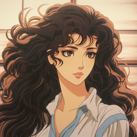 beautiful woman with long curly hair 1980s anime style #beautiful #woman #1980s #anime #avatar 1980s Anime, Anime Curly Hair, Wild Curly Hair, Curly Hair Cartoon, Anime Brown Hair, Dark Curly Hair, Anime Avatar, Curly Bun, Blonde Wavy Hair