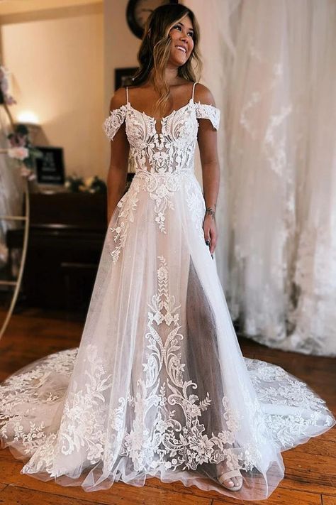 Sparkly Wedding Dress, Beach Wedding Dresses, Sparkly Wedding, Tulle Sleeves, Lace Beach Wedding Dress, Applique Wedding, Applique Wedding Dress, Bridal Party Dresses, Lace Wedding Dress