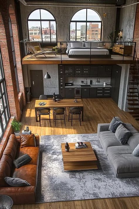 High angle view of industrial loft apartment with red brick wall with tall arched windows in black frames other walls are concrete it has lofted. Check out all of these stunning loft apartments that make an urban oasis with unique and practical architecture and designs. Loft With Brick Wall, Dark Loft Apartment Aesthetic, Industrial Loft Decor Interior Design, Chicago Loft Apartment Interior Design, New York Style Loft Apartment, Exposed Brick Loft Apartments, Loft Style House Exterior, Modern Loft Interior Design, Boston Loft Apartments