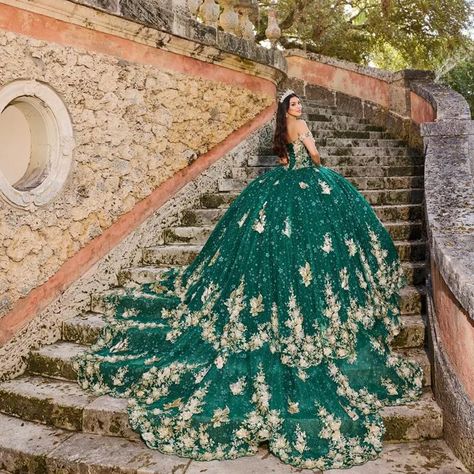 Green Quinceanera Dresses | Princesa by Ariana Vara Emerald Green Quinceanera Dresses, Emerald Green Quince, Fabric Beading, Green Quinceanera Dresses, Allure Romance, Green Quince, Homecoming Court, Pageant Interview, Rapunzel Dress