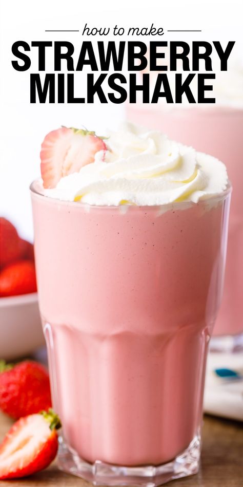 Thick Strawberry Milkshake Recipe - Nurtured Homes Homemade Strawberry Milkshake, Strawberry Shake Recipe, Strawberry Milkshake Recipe, Healthy Milkshake Recipes, Milkshake Recipe Strawberry, Fruit Milkshake, Healthy Milkshake, Milkshake Recipe Easy, Strawberry Snacks