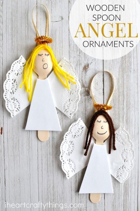 These wooden spoon angel Christmas ornaments are elegant and will add a pretty touch to your tree every year. Great homemade Christmas ornament for kids. Diy Angel Ornaments, Christmas Ornaments Diy Kids, Angel Christmas Ornaments, Christmas Angel Crafts, Kids Christmas Ornaments, Homemade Ornaments, Angel Crafts, Angel Christmas, Preschool Christmas