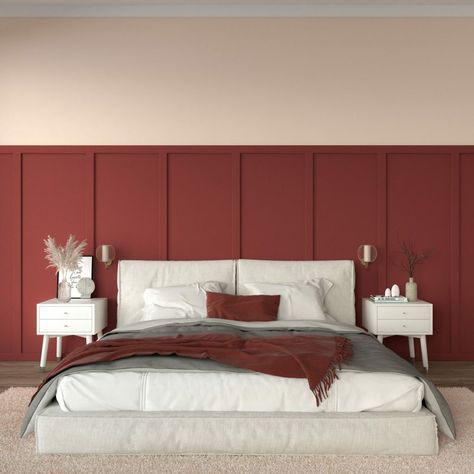 Burgundy Board And Batten Wall, Red Feature Wall Bedroom, Red And Beige Bedroom Ideas, Burgundy Bedroom Color Scheme, Dark Red Accent Wall Bedroom, Oxblood Bedroom, Burgundy Accent Wall Bedroom, Maroon Accent Wall, Deep Red Bedroom