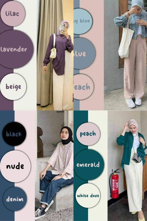 Mixing Colors Outfits, Color Matching Clothes Hijab, Hijab Colors Combinations, Dress Colour Combination Ideas, Mix And Match Outfits Hijab Casual, Lilac Outfit Ideas, Mix And Match Colors Outfits, Colour Combinations Clothes, Lavender Outfit Ideas