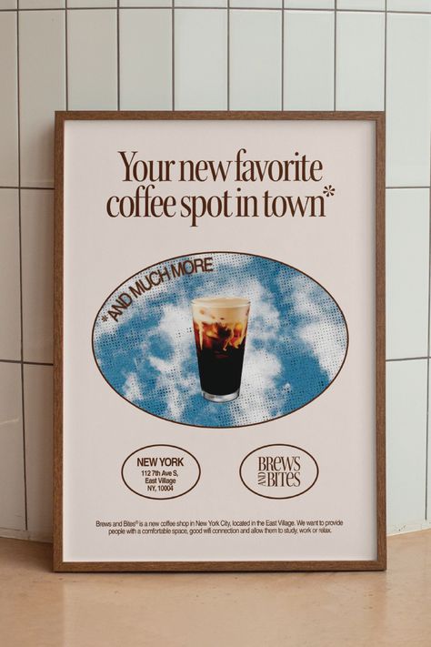 mockup of a poster for a coffee shop in a frame against the wall Coffee Shop Advertisement, Coffee Shop Poster Design, Coffee Shop Graphic Design, Cafe Advertising, City Coffee Shop, Coffee Advertising, Branding Projects, Coffee Poster, Premium Coffee