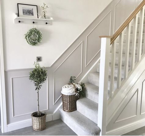 Hall Stairs And Landing Ideas, Grey And White Hallway, White Hallway Ideas, Stairs And Landing Ideas, Hall Stairs And Landing, Stairs And Hallway Ideas, Stair Paneling, Landing Ideas, Hall Stairs