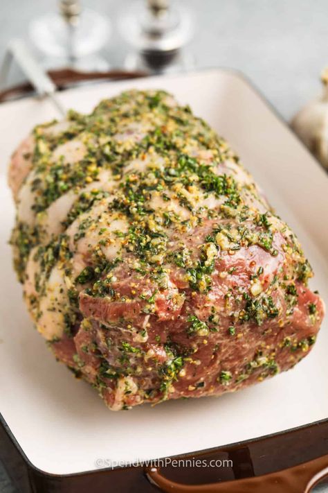 A tender leg of lamb is the perfect meal for Easter dinner or Sunday supper! A boneless leg of lamb is rubbed with a delicious fresh herb mixture and roasted to perfection using the step-by-step reverse sear technique. This is the best lamb recipe we've ever had! #spendwithpennies #legoflamb #roasted #Easter Herb Crusted Leg Of Lamb, Baked Leg Of Lamb, Lamb Thigh Recipe, Leg If Lamb Recipe, How To Cook Boneless Leg Of Lamb, Let Of Lamb Recipe, Boneless Roast Lamb Recipes, Lamb Leg Recipes Grill, Stuffed Boneless Leg Of Lamb Recipes