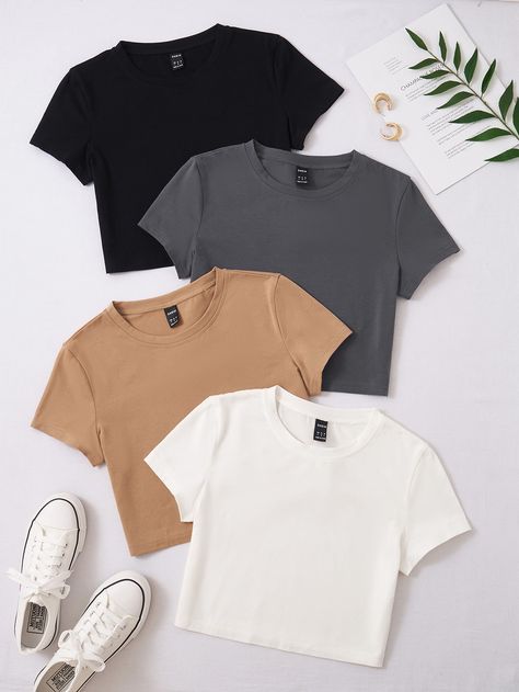 4pack Solid Crop Tee | SHEIN USA Korean Fashion Blouse, Crop Top Korean, Plain Crop Tops, Basic Crop Top, Top Korean, Crop Top Outfits, Cropped Tops, Fashion Blouse, Round Neck Tops