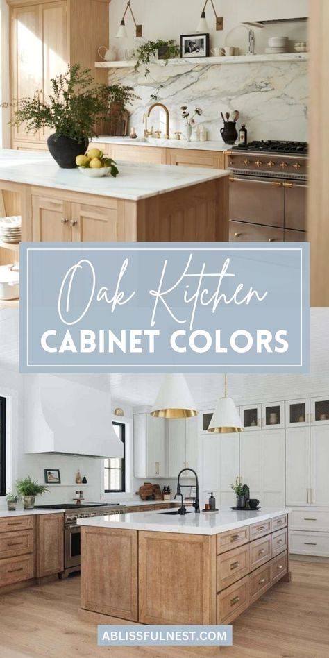 Oak cabinets offer endless possibilities for creating a kitchen that's both stylish and inviting. Explore a range of stunning oak kitchen cabinet colors, from rich and traditional stains to light and airy hues. Discover how these versatile shades can transform your space and complement any design aesthetic. Get ready to fall in love with your kitchen all over again! #kitchenremodel #cabinetcolors #interiordesign Flooring For Light Oak Cabinets, Light Wood Tone Kitchen Cabinets, White Oak Traditional Kitchen, Kitchen Cabinets Half Painted Half Wood, Light Oak Shaker Kitchen Cabinets, Kitchen Cabinet Light Wood, Light Oak And White Kitchen Cabinets, Cabinet Color With Light Wood Floors, Diy Natural Wood Cabinets