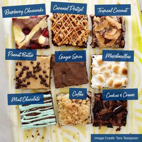 Brownies Flavor Ideas, Cute Brownies Ideas, Desserts For Business, Different Brownies Ideas, Brownie Flavors Ideas, Different Brownie Flavors, Brownie Business Ideas, Bakery Sample Box Ideas, Brownies Toppings Ideas