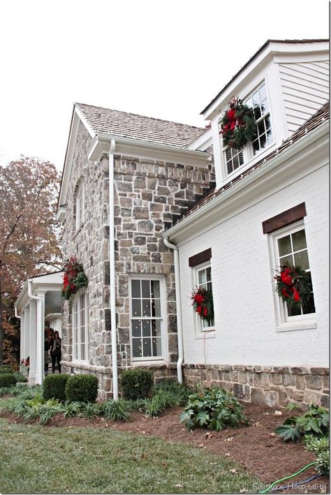 wreath flanked windows of beautiful stone exterior home Stone Exterior Houses, Stone Farmhouse, Old Stone Houses, Farmhouse Remodel, Casas Coloniales, Modern Farmhouse Exterior, Casa Exterior, Stone Cottage, Exterior Stone