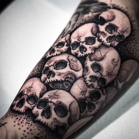 Eleven skulls. | By Arang Eleven | Done at Seoul Ink Tattoo Studio | Dec 18th 2019 | 1262690 Scary Filler Tattoo, Real Skull Tattoo, Negative Skull Tattoo, Pile Of Bones Tattoo, Skulls Stacked Tattoo, Bones Sleeve Tattoo, Skull Dotwork Tattoo, Skulls Tattoos For Men, Skull Themed Tattoo Sleeve