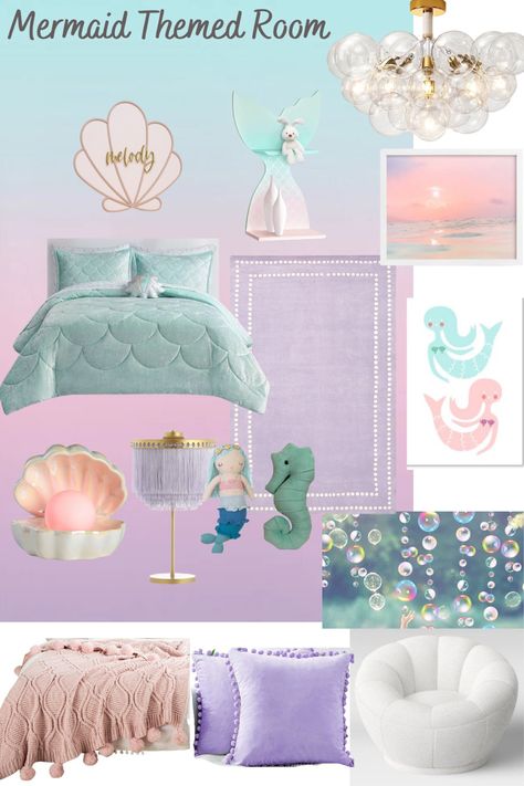 Mermaid Theme Bedroom Ideas, Pink Mermaid Bedroom Ideas, Purple Mermaid Room, Little Mermaid Bedroom Ideas Kids, Girls Under The Sea Bedroom, Mermaid Inspired Bedroom, Under The Sea Girls Bedroom, Boho Mermaid Room, Mermaid Bedroom Ideas For Girls Kids