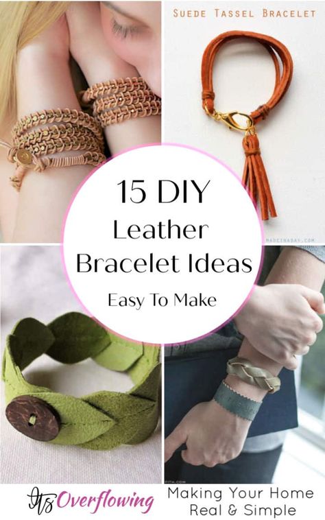 15 Easy To Make DIY Leather Bracelet Ideas - Its Overflowing How To Put Snaps On Leather Bracelets, Clasps For Leather Bracelets, Leather Jewelry Making For Beginners, Repurposed Leather Ideas, Adjustable Leather Bracelet Diy, Leather Bracelet Patterns, Handmade Leather Jewelry Diy, Easy Leather Crafts, Diy Leather And Bead Bracelet