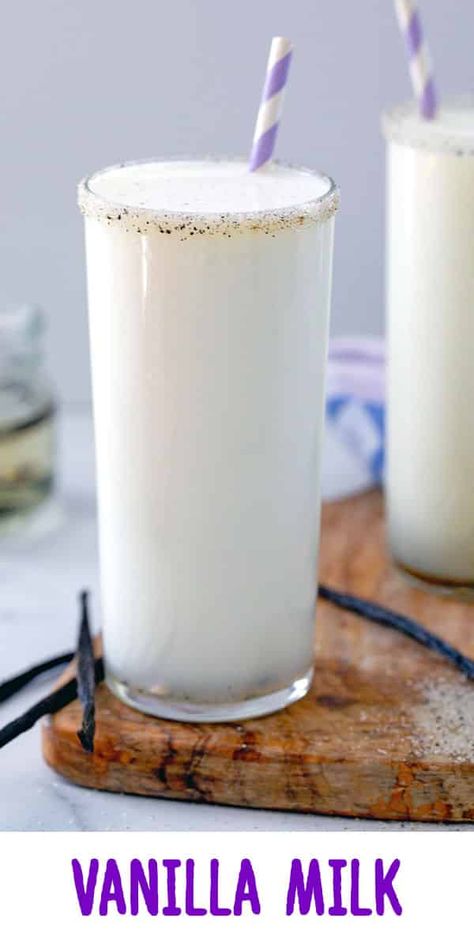 Vanilla Milk -- Looking for a vanilla milk recipe that is perfectly sweet and packed with real vanilla flavor? This milk uses a homemade vanilla syrup and tastes much better and more authentic than using an extract! via @wearenotmartha Flavored Milk Recipes, Vanilla Milk Recipe, Homemade Vanilla Syrup, Milk Uses, Vanilla Drinks, Vanilla Recipes, Ice Milk, Vanilla Milk, Nutritious Smoothies