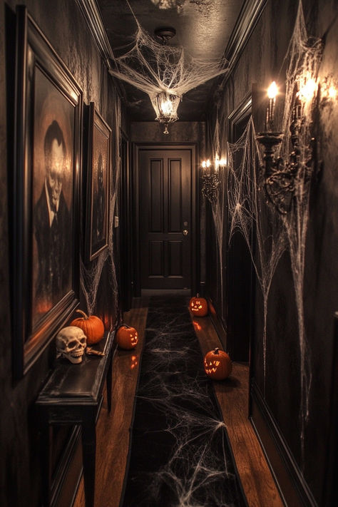 Transform your home into a Halloween wonderland with these 35+ spooktacular decoration ideas. From eerie lights to haunted accents, create a hauntingly beautiful space for the spooky season. 🌟✨ #HalloweenDecor #Spooktacular #HauntedHome #HalloweenIdeas Halloween Decor Haunted House, Tiny House Halloween Decor, Haunted Mansion Halloween Party Ideas, Halloween Cobwebs Decoration Indoor, Spooky Balcony Decor, Indoor Haunted House Decor, Halloween Stairway Decor, Halloween Theme Decorations Indoor, Haunted House Home Decor