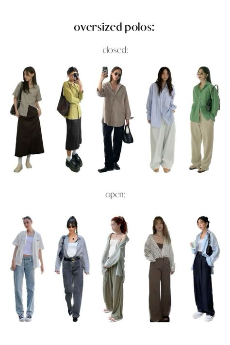 Buttons Up Shirt Outfit, Button Down Long Sleeves Outfit, One Piece Multiple Outfits, Oversized Button Outfit Women, Oversize Outfit Ideas For Women, How To Style A Polo Shirt Women Outfit Ideas, Dress And Button Up Shirt Outfit, Oversized Shirt Styling Ideas, Outfits With Shirts Aesthetic