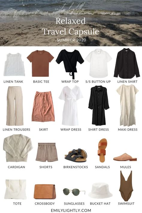 A Relaxed Summer Travel Capsule Wardrobe - Emily Lightly Boho Travel Outfits Summer, Traveler Capsule Wardrobe, Capsule Wardrobe Packing Summer, Comfortable Summer Travel Outfit, Neutral Travel Capsule Wardrobe, Natural And Relaxed Outfits, Summer Closet Capsule, Summer Neutral Outfits Casual, Capsule Wardrobe Trip