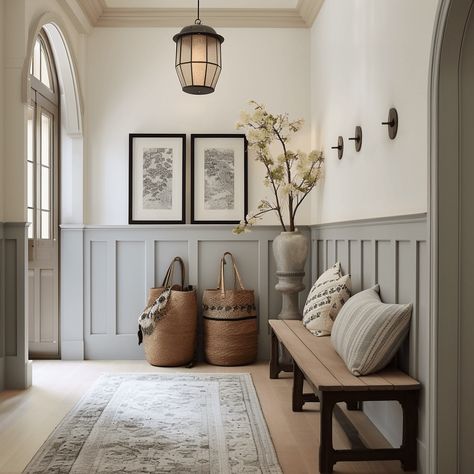 Minimalist pastel entryway with flowers to usher in spring. Nicely styled wooden bench with fluffy pillows. Rustic wicker baskets, black and white framed artwork, a patterned rug to match with pastel wood paneling and a statement light - it all makes such good impression. Entryway Ideas Paint Wall Colors, Bench Near Stairs, Natural Hallway Ideas, Arched Hallway Entryway, Entry Way Painting Ideas, Small Upstairs Hallway Ideas, Wide Hallway Ideas, Foyer Accent Wall Entryway, Small Entryway Design Inspiration