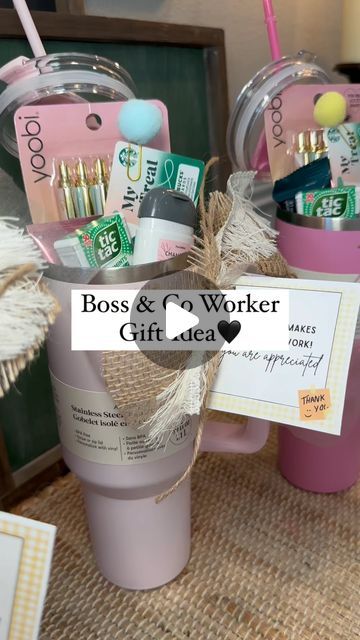 Gift Appreciation Ideas, New Boss Gift Ideas, Diy Boss Christmas Gift Ideas, Diy Client Gifts, Christmas Gift Basket Ideas For Work, Cup Filled Gift Ideas, Tumbler Filled Gift Ideas, Tumbler Christmas Gift Ideas Filled, Co Worker Gift Basket