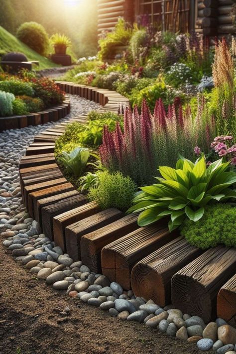 Paying attention to garden edging can truly transform the overall look and feel of your outdoor space. These ideas provide both functionality and aesthetic appeal, ensuring your garden stands out.  Cheap garden border ideas, plants, UK, landscape edging, wood, low maintenance, brick, stone, cheap wood. Garden Bed Boarder Ideas, Yard Borders Landscape Edging, Landscape Design Edging, Wooden Borders Garden, Natural Flower Bed Borders, Landscaping Barrier Ideas, Landscaping With Wood Edging, Backyard Landscaping With Fence, Street Garden Ideas